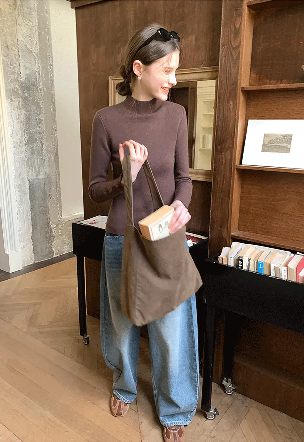 Elegant High Neck Knit Sweater with Button Detail Sleeve