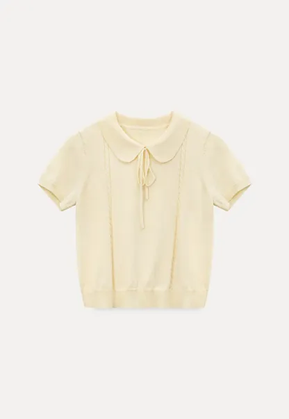 Short Sleeve Knit Top with Collar and Drawstring