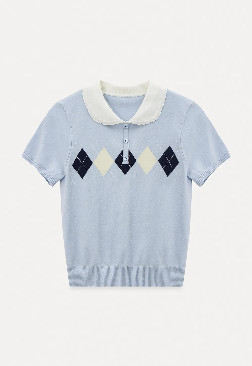 Knitted Short Sleeve Sweater with Collar and Diamond Pattern