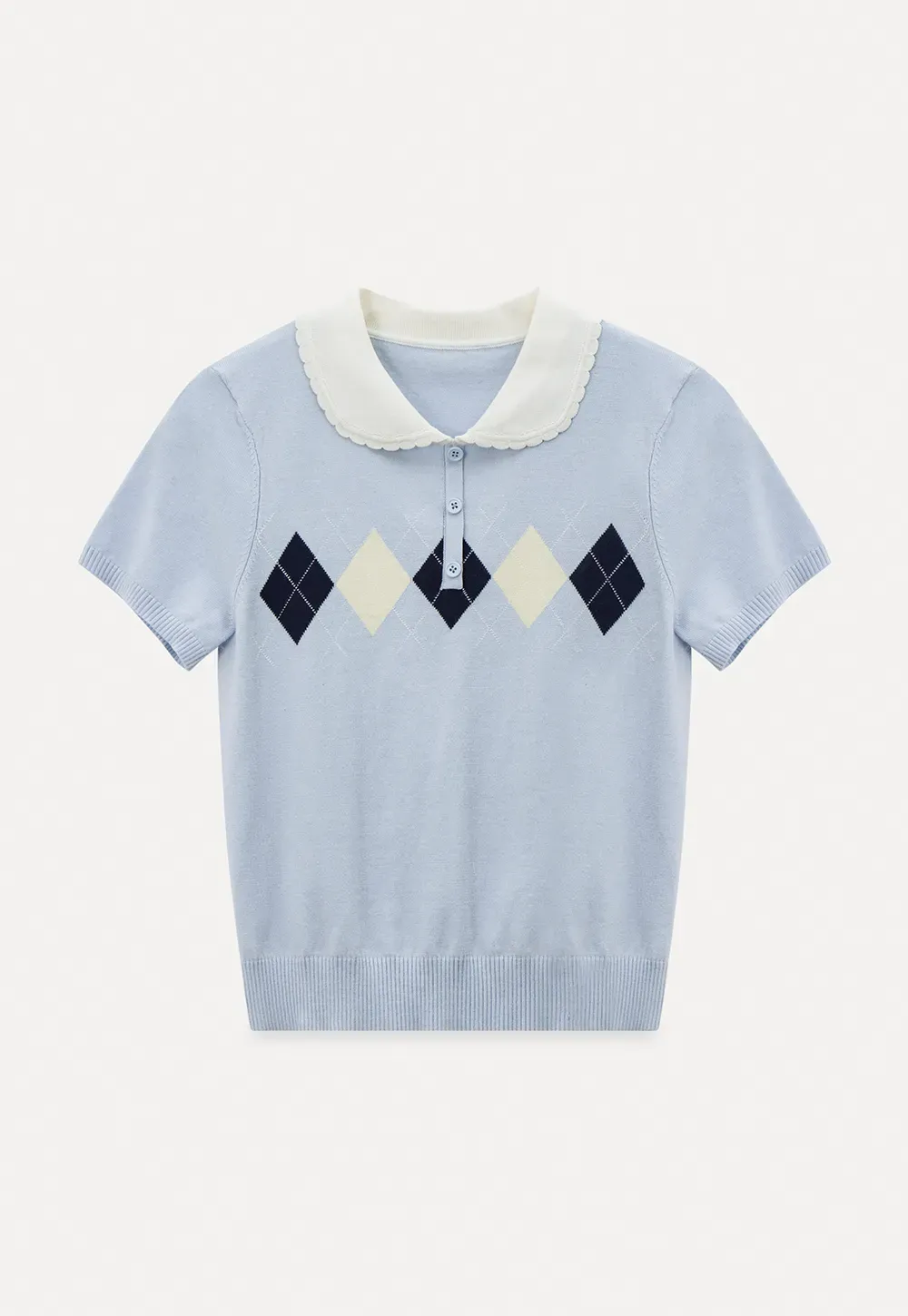 Knitted Short Sleeve Sweater with Collar and Diamond Pattern