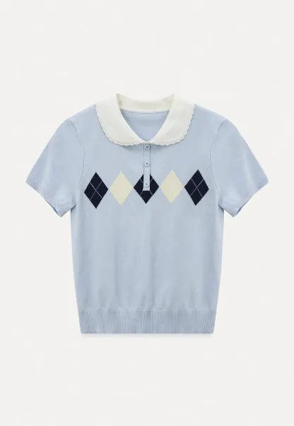 Knitted Short Sleeve Sweater with Collar and Diamond Pattern