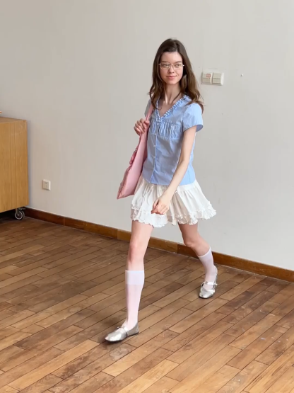 Short Sleeve Button Up Shirt with Ruffled Collar