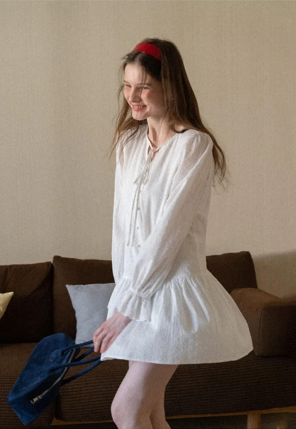 Elegant Long Sleeve Mini Dress with Flared Hem and Neck Tie