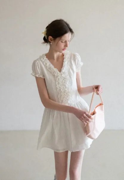 Ruffled V Neck Short Sleeve A Line Dress