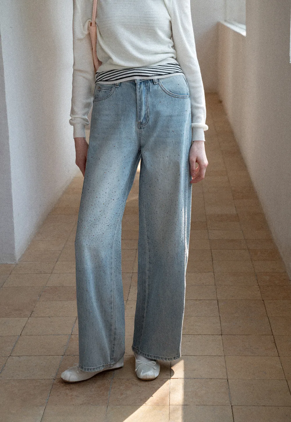 Wide leg jeans with subtle dot embellishments