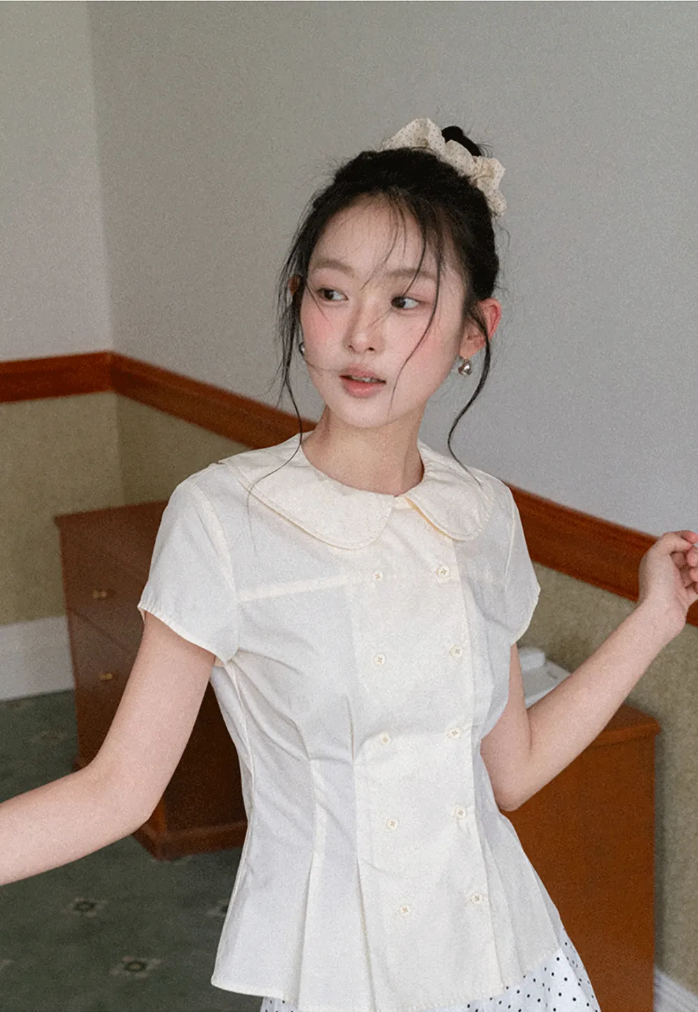 Short Sleeve Shirt with Peter Pan Collar and Peplum Hem