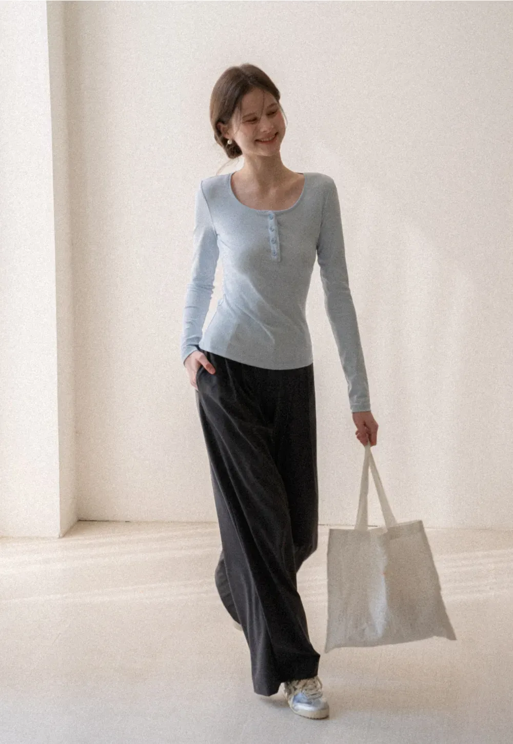 Long sleeve henley top with front buttons