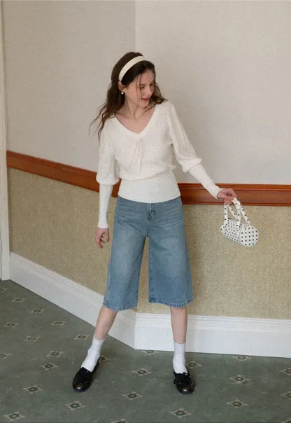 V Neck Knit Sweater with Front Tie Detail