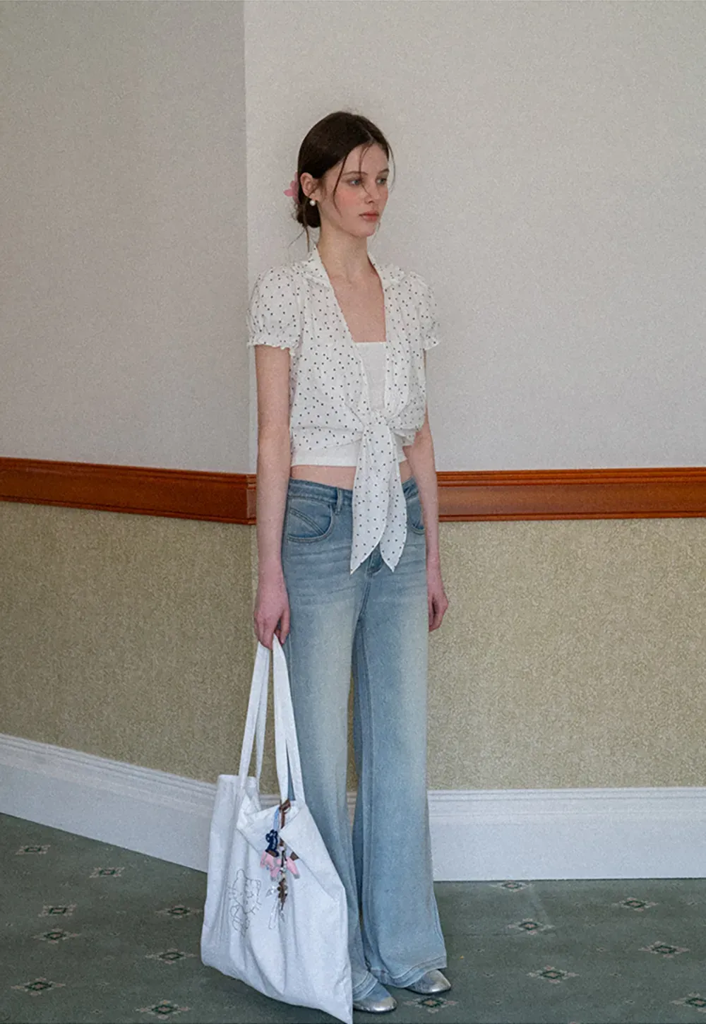 Polka dot short sleeve shirt with front tie detail