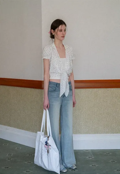 Polka dot short sleeve shirt with front tie detail