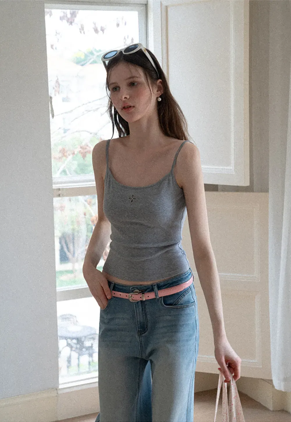Gray tank top with small embroidered cross detail