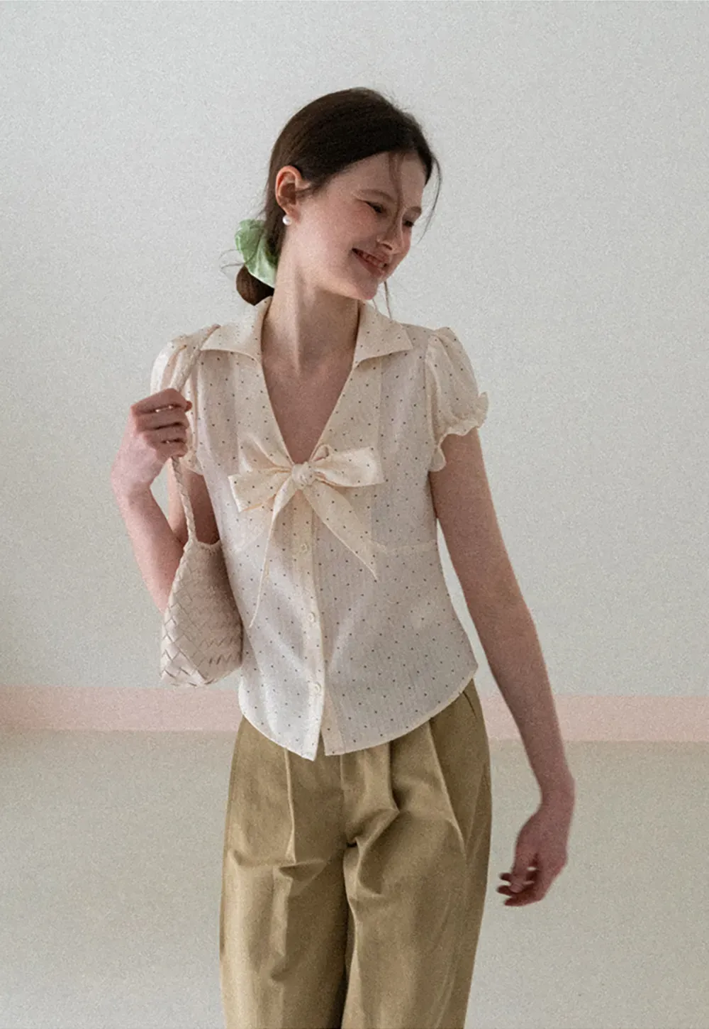 Short Sleeve Shirt with Bow Detail and Polka Dots
