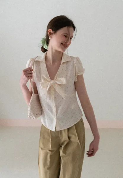 Short Sleeve Shirt with Bow Detail and Polka Dots
