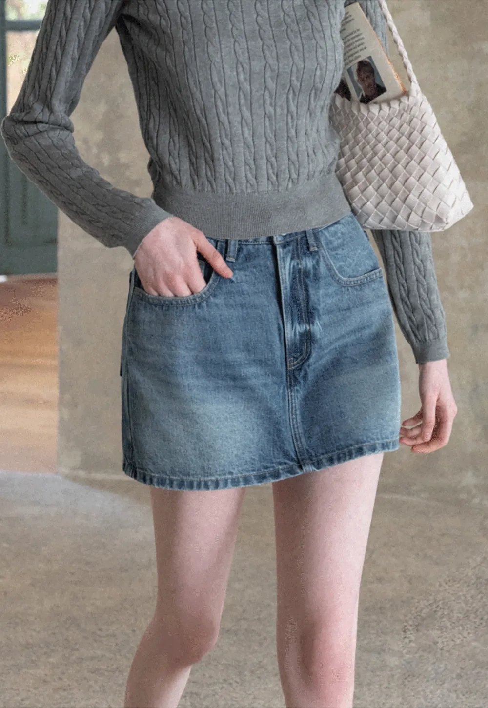 Denim Mini Skirt with Front Pocket and Frayed Hem