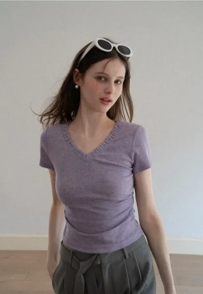 V neck short sleeve t shirt with ruffled trim