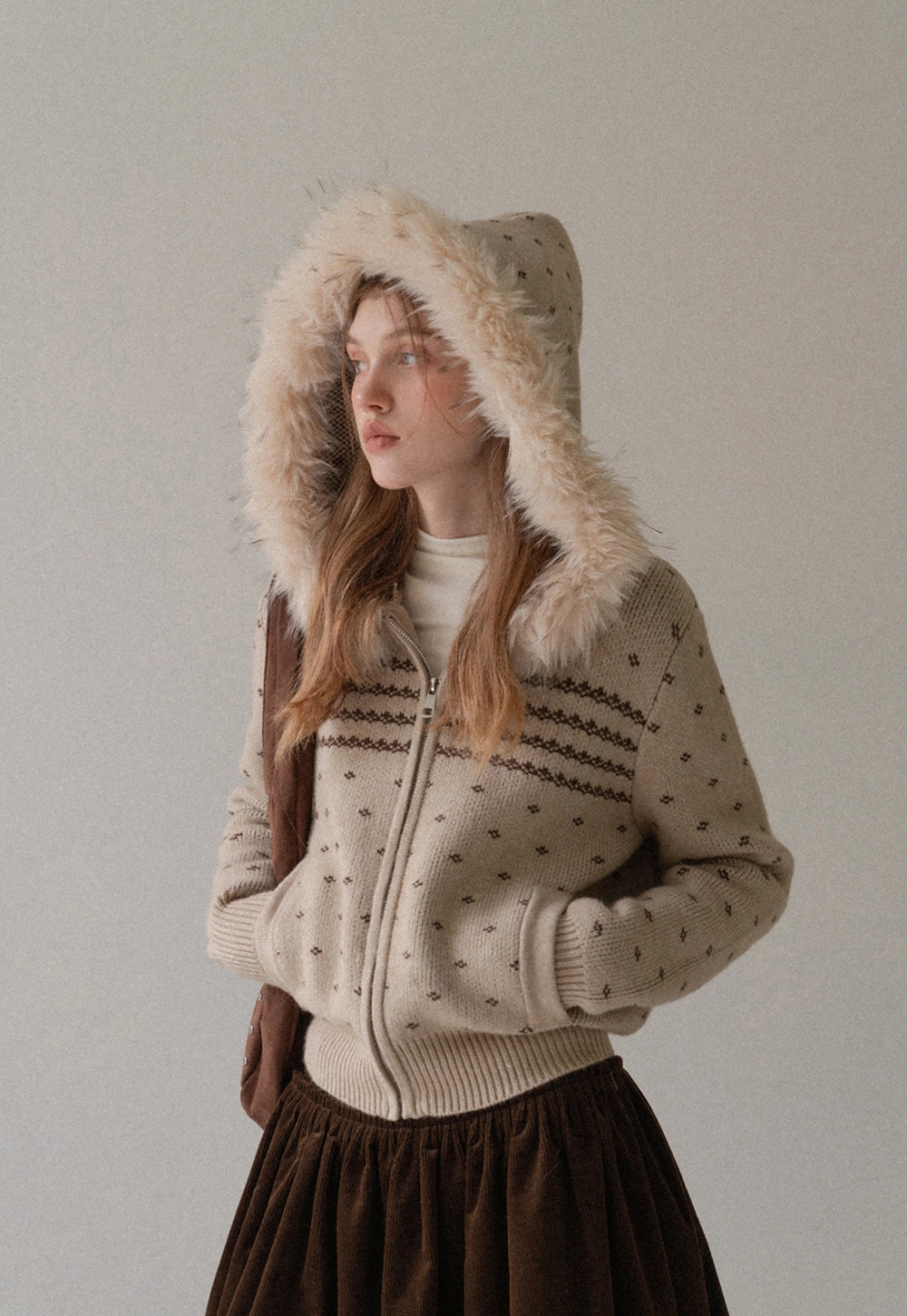 Vintage Knit Hooded Cardigan Women Faux Fur Coat