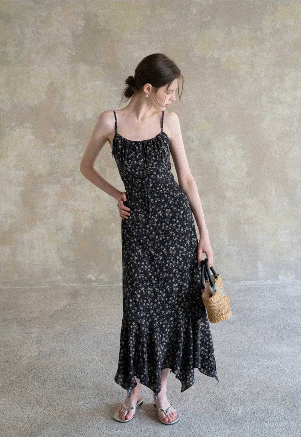 Floral Print Slip Dress with Thin Straps and Asymmetrical Hem