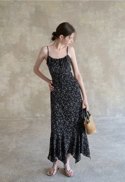 Floral Print Slip Dress with Thin Straps and Asymmetrical Hem