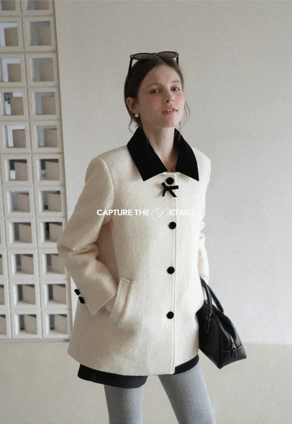 Elegant Wool Coat with Bow Detail and Contrasting Collar