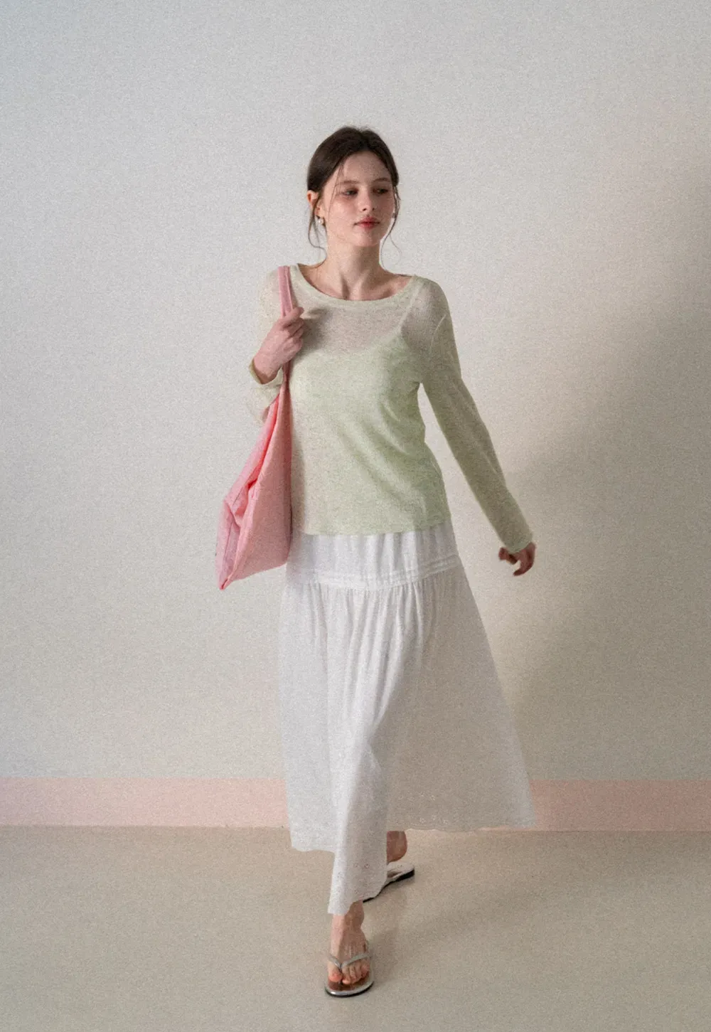 Long sleeve sheer knit top with round neckline