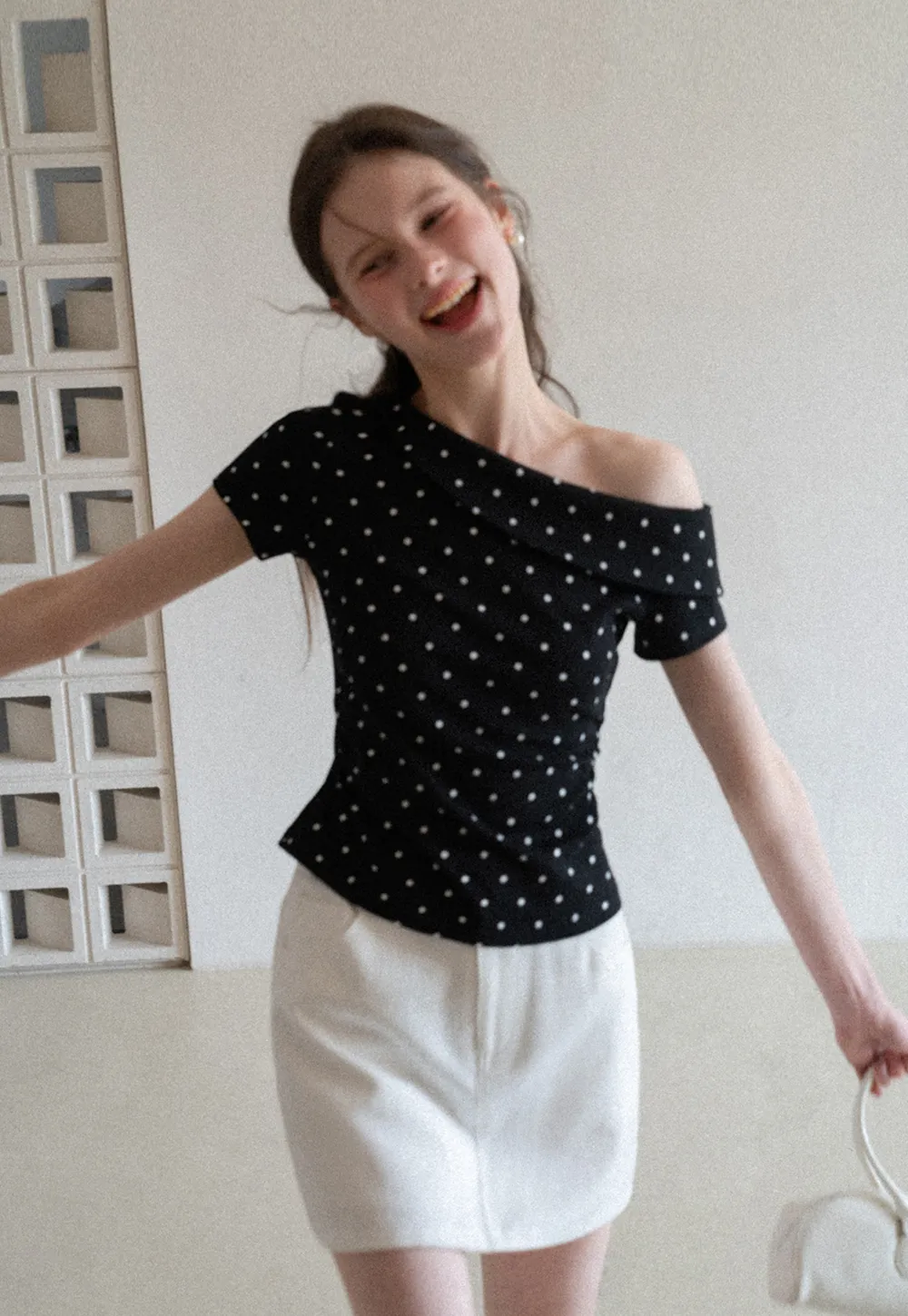 Polka dot off shoulder short sleeve tops