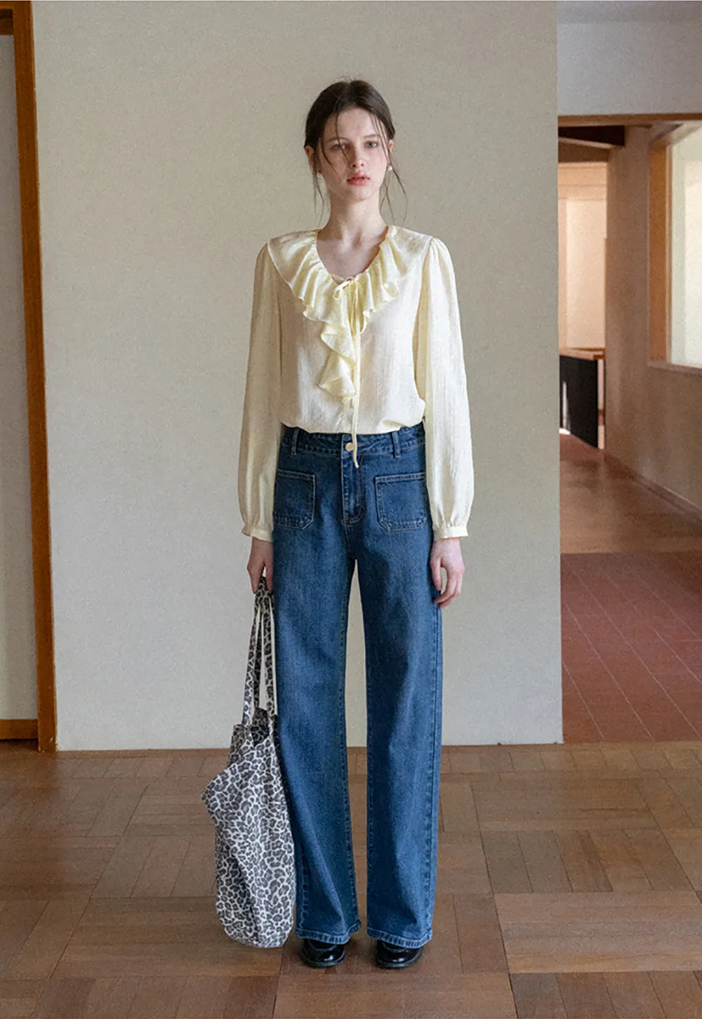 Ruffled Collar Long Sleeve Blouse with Tie Front