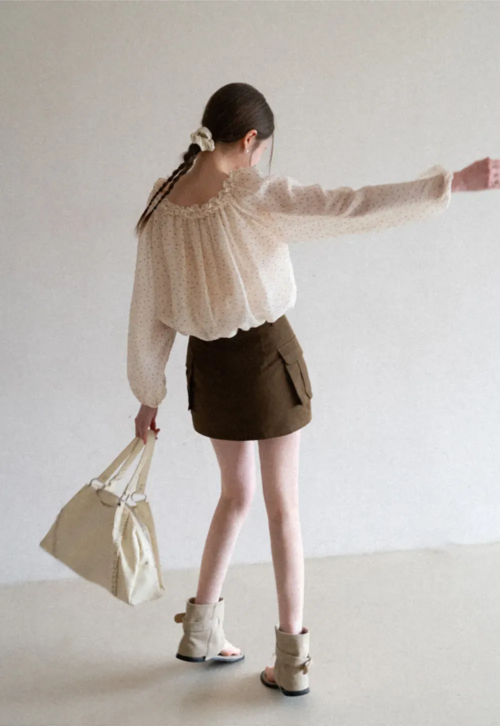 Polka Dot Ruffled Off Shoulder Chiffon Blouse