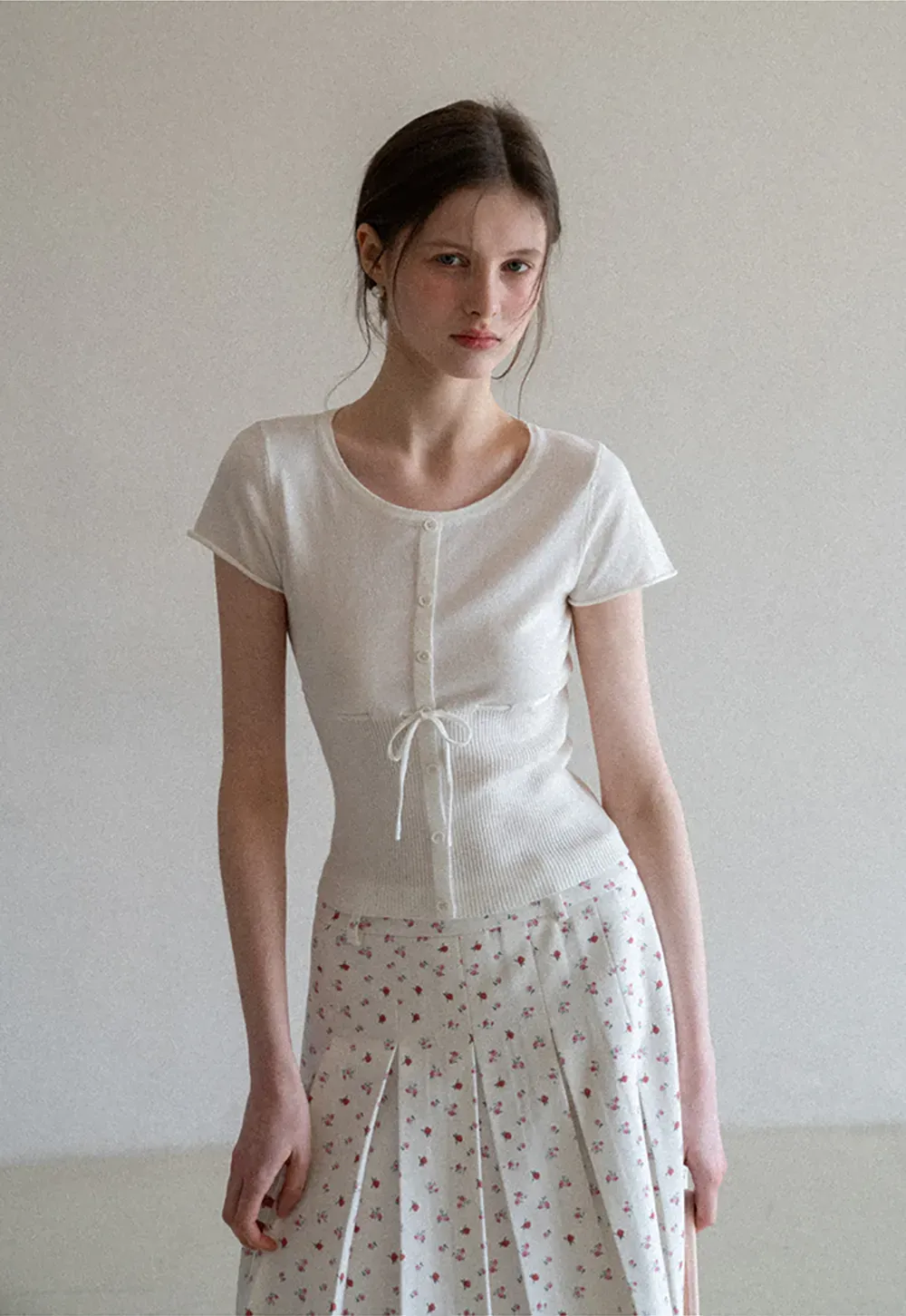 Short Sleeve Knit Cardigan with Front Buttons and Waist Tie