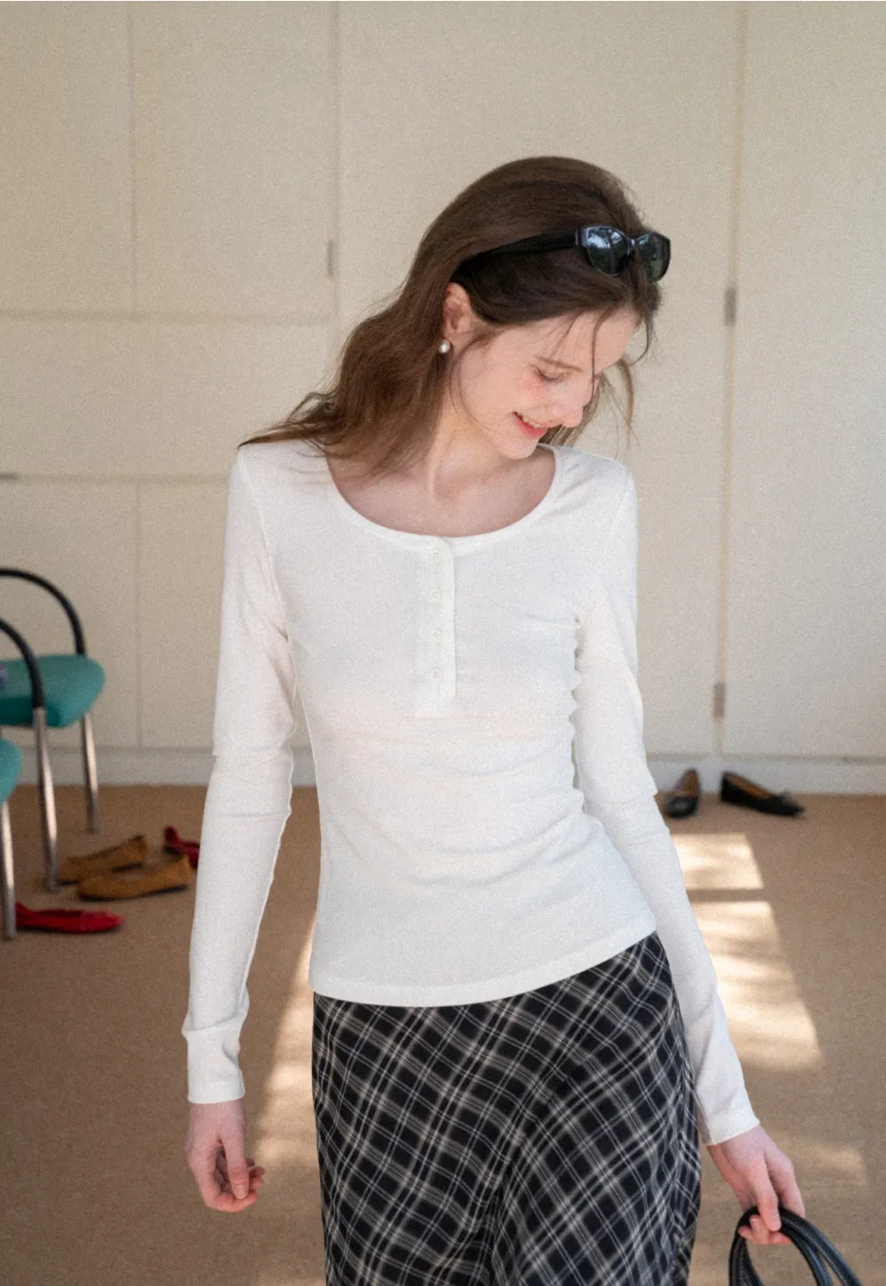 Long sleeve henley top with front buttons