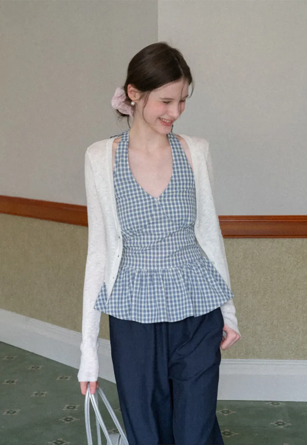 Gingham Halter Neck Peplum Top