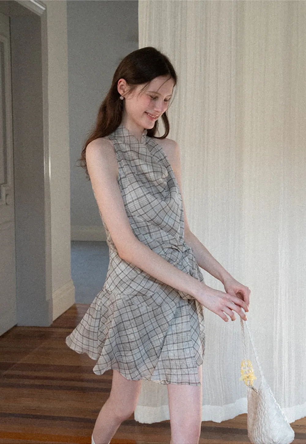 Plaid Halter Neck Wrap Dress with Side Tie