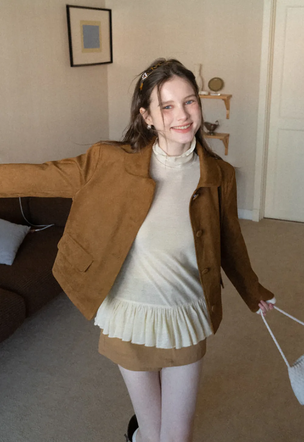 floral dot long sleeve top with ruffle hem