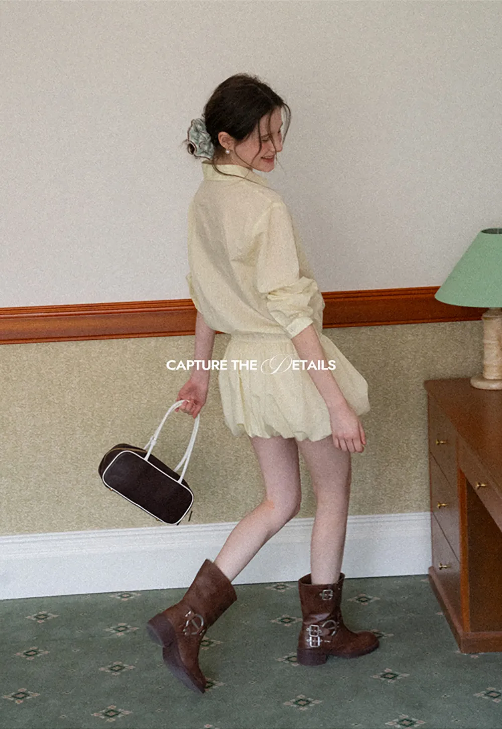 Button Front Shirt Dress with Pleated Pocket and Elastic Waist