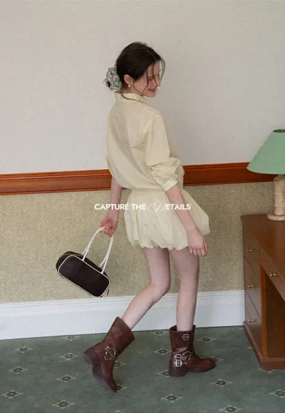 Button Front Shirt Dress with Pleated Pocket and Elastic Waist