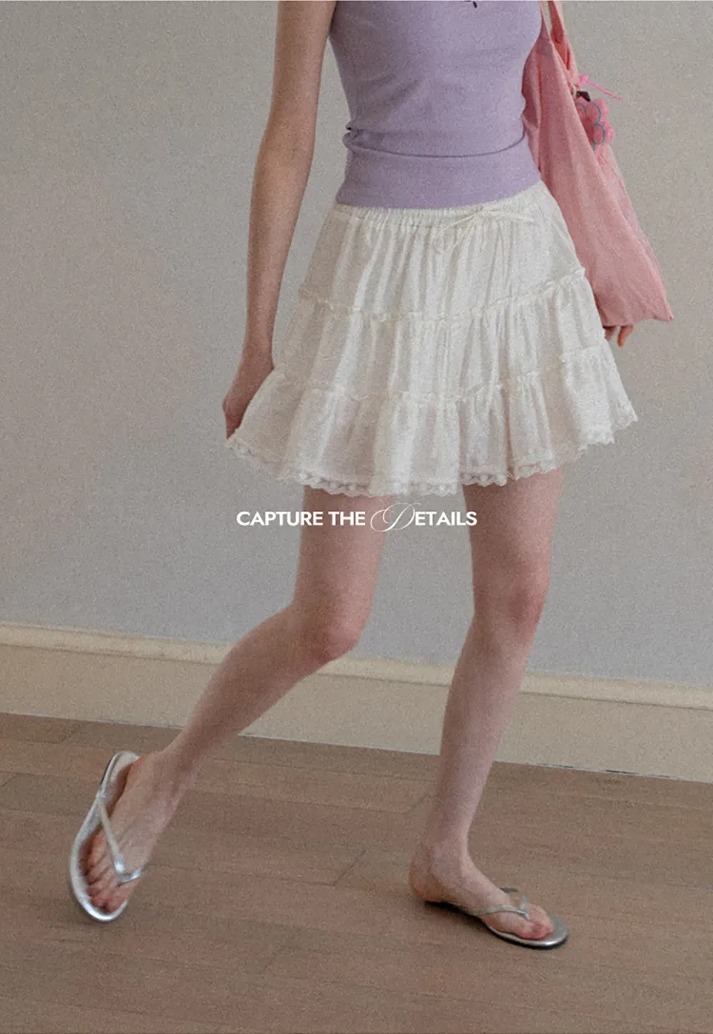 Tiered lace hem drawstring waist skirt