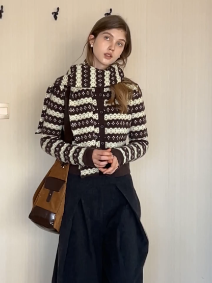 Women Warm Knit Cardigan Set Vintage Striped Style