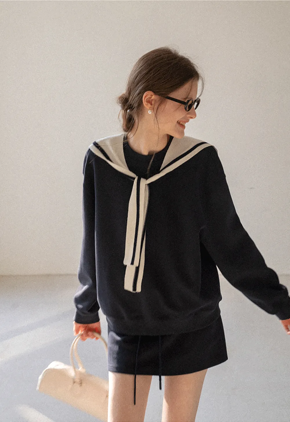 Sailor collar sweatshirt scarf shawl skirt set