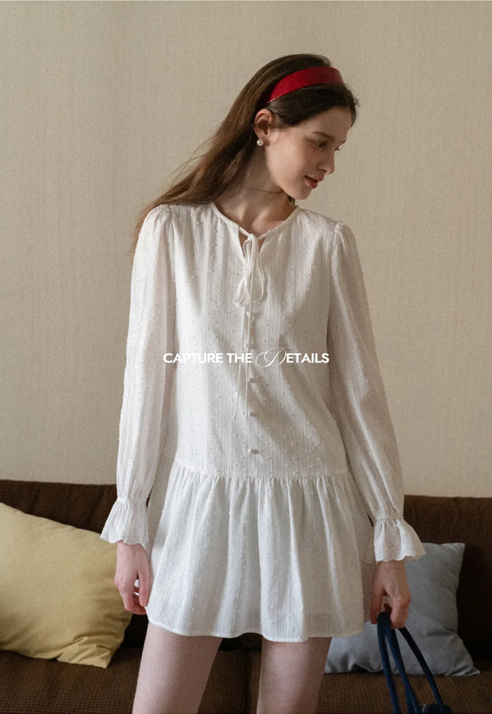 Elegant Long Sleeve Mini Dress with Flared Hem and Neck Tie