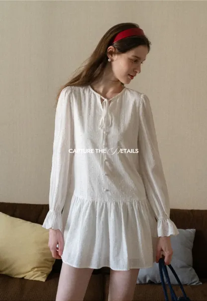 Elegant Long Sleeve Mini Dress with Flared Hem and Neck Tie