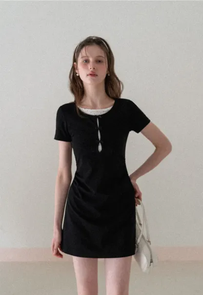 Short Sleeve Dress with Polka Dot Collar and Front Knot Detail