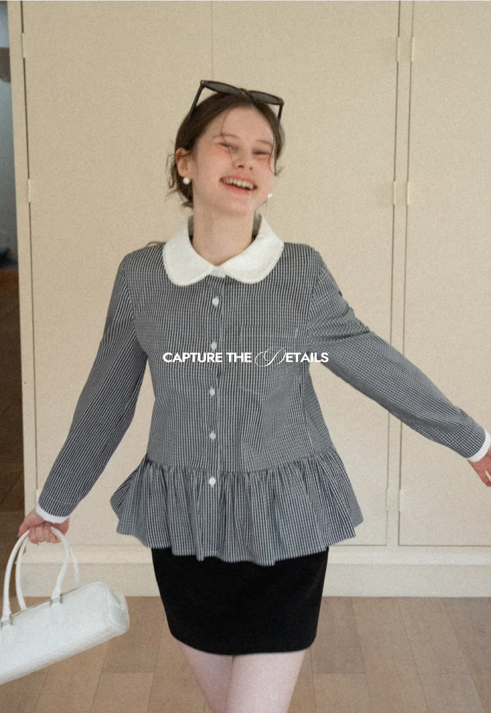 Peplum Gingham Collar Shirt with Flared Hem