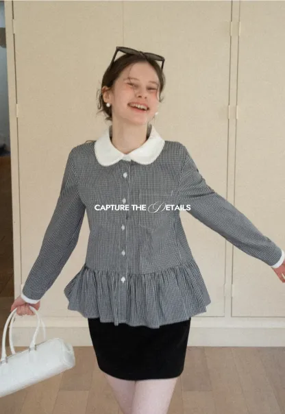 Peplum Gingham Collar Shirt with Flared Hem