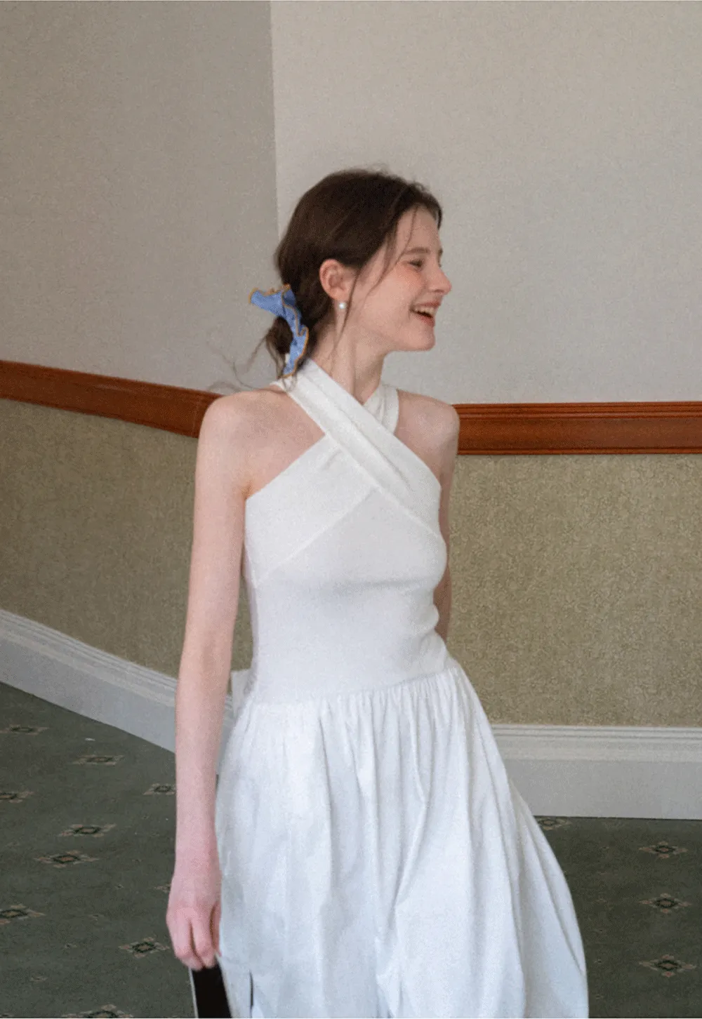 Halter Neck A Line Midi Dress with Pleated Skirt