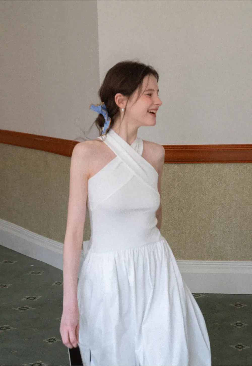 Halter Neck A Line Midi Dress with Pleated Skirt