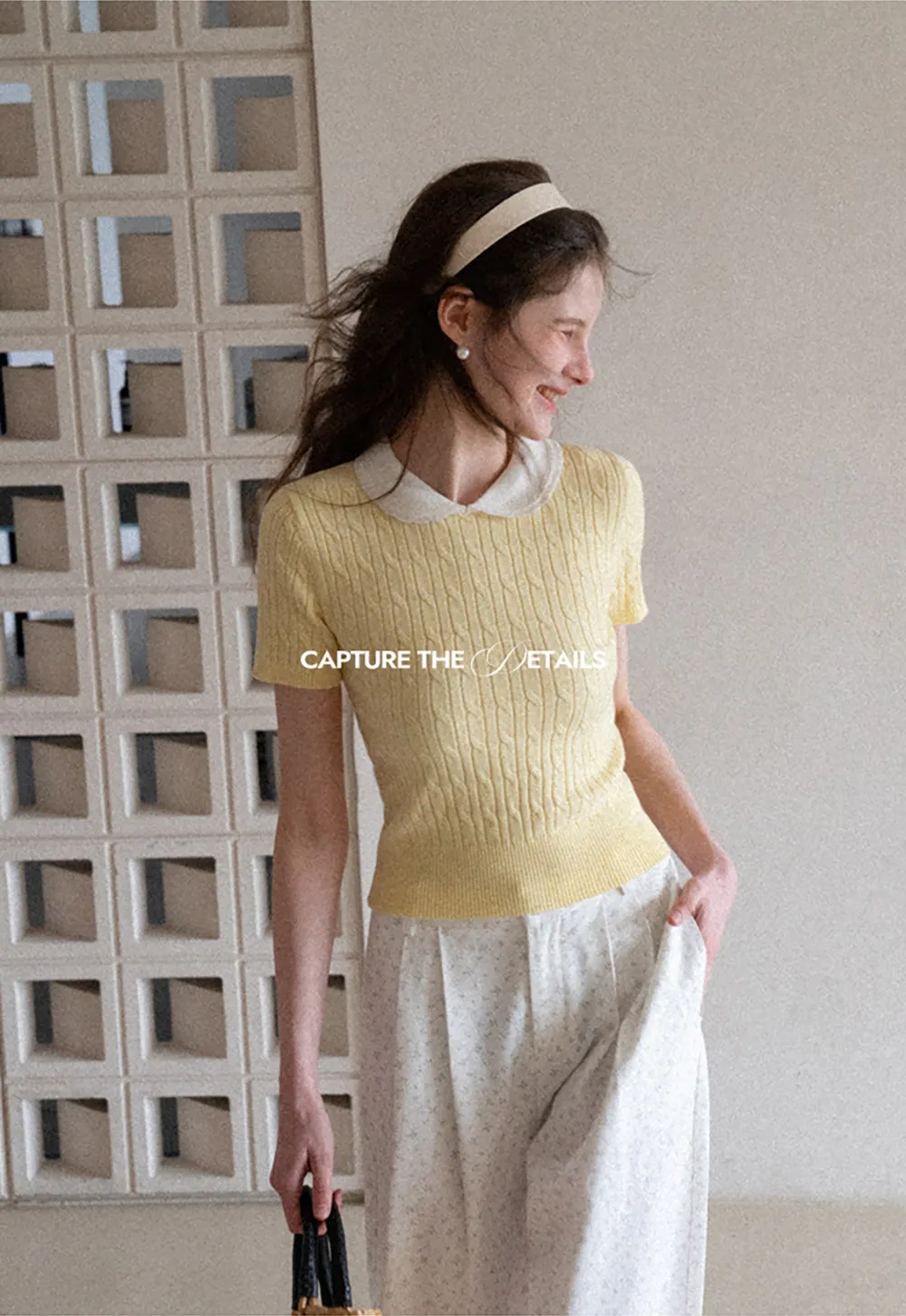 Cable Knit Short Sleeve Sweater with Collar