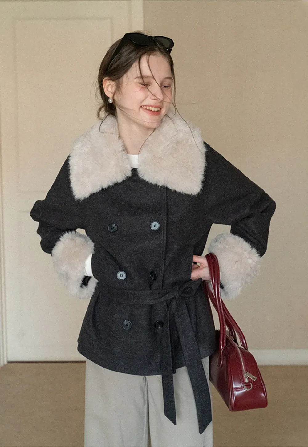 Wool Coat with Fur Collar and Cuff Belted Design