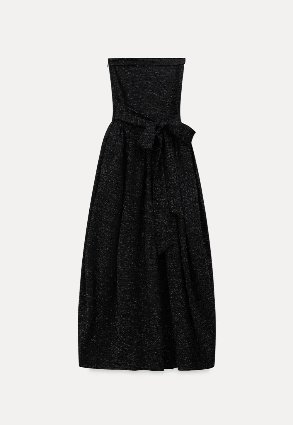 Elegant strapless midi dress with flowing skirt and textured fabric