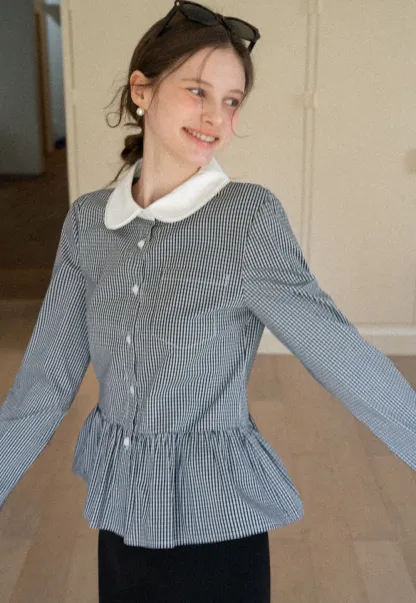 Peplum Gingham Collar Shirt with Flared Hem