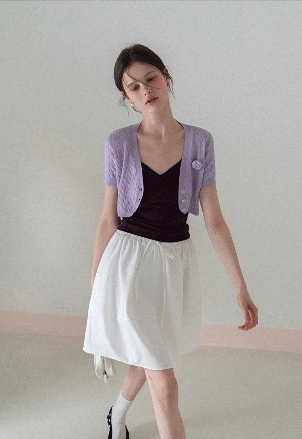 Short Sleeve Cable Knit Cardigan with Button Closure