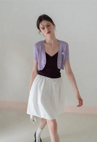 Short Sleeve Cable Knit Cardigan with Button Closure